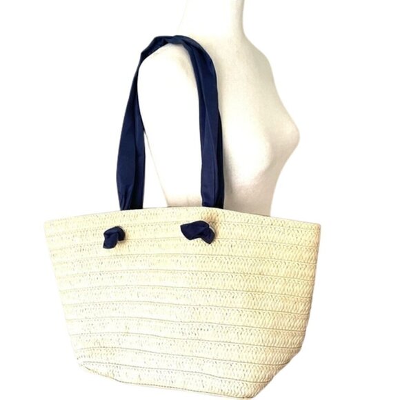 Neiman Marcus Straw Tote Bag NAVY Fabric Straps Natural Beige Rattan  Beach - Picture 1 of 10